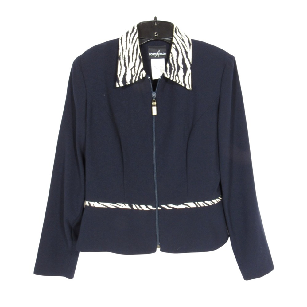 VTG POSITIVE ATTITUDE Crepe TWILL Full-Zip ANIMAL PRINT TRIM Jacket/Blazer Sz 8
